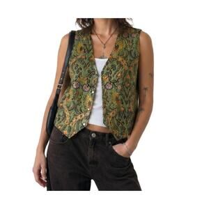 Vintage 90s Fashion Fantasy Embroidered Beaded Vest Green Boho XL